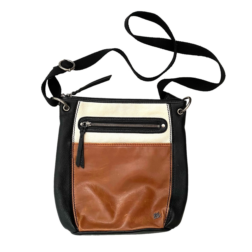 The Sak Women Leather Crossbody Bag Leather Canva Brown Black White Color Block